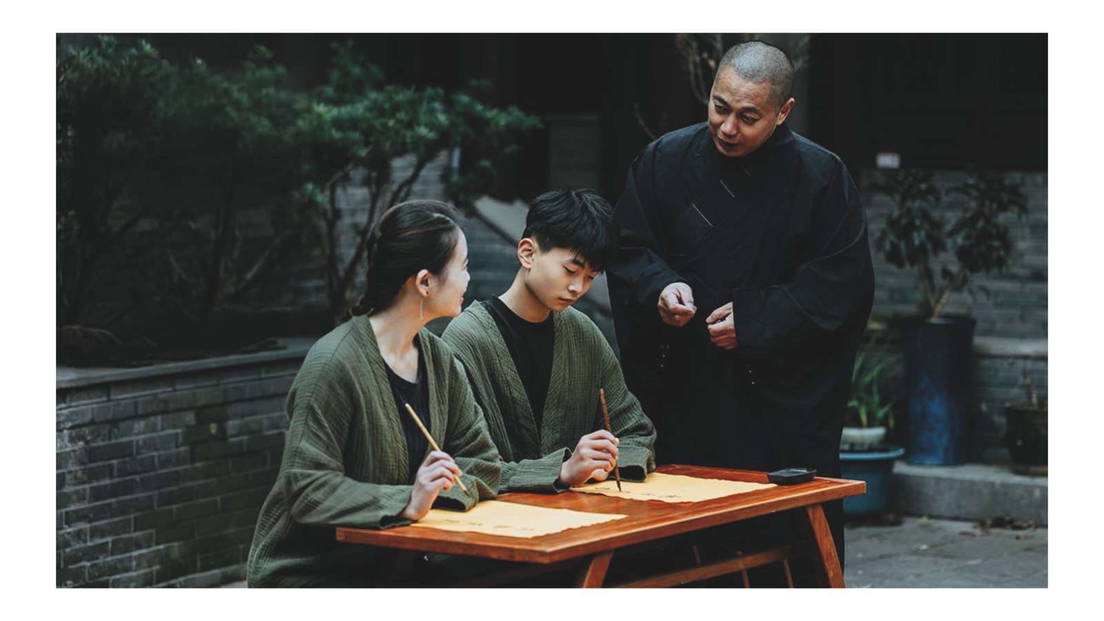 A quiet encounter in a temple setting